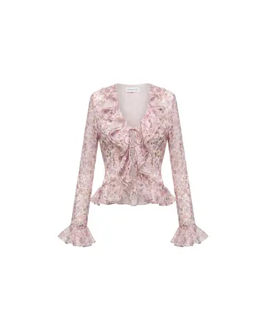 Рузана (Ruzana), блуза с рукавами и рюшами из молочного шифона с цветочным принтом