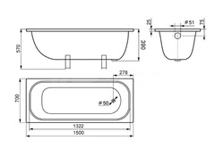 Стальная ванна Antika 150x70 с опорной подставкой, с рантом, белая орхидея