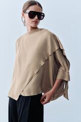 ZARA БЛУЗА СТРУЯЩЕГОСЯ КРОЯ , СЕРО-КОРИЧНЕВЫЙ