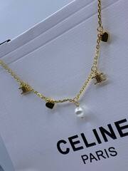 Колье цепочка CELINE с подвесками лого и жемчужиной lux