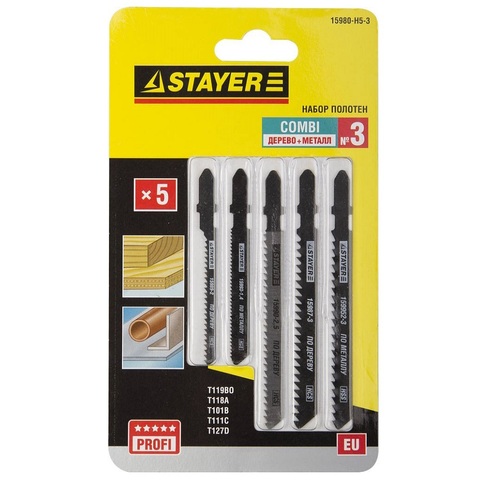 STAYER T-хвост., по дереву, металлу и пластику, 5 шт, COMBI №3, набор полотен для лобзика (15980-H5-3)