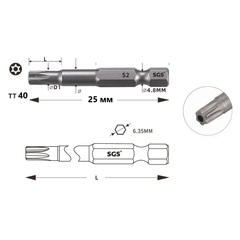 Бита T40H х25мм TORX TR (с отверстием) S2 1шт SGS 6325-TT40