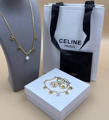Колье цепочка CELINE с подвесками лого и жемчужиной lux