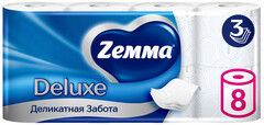 Бумага туалетная Zemma(Zewa) Deluxe 3-слойная белая (8 рулонов в упаковке)