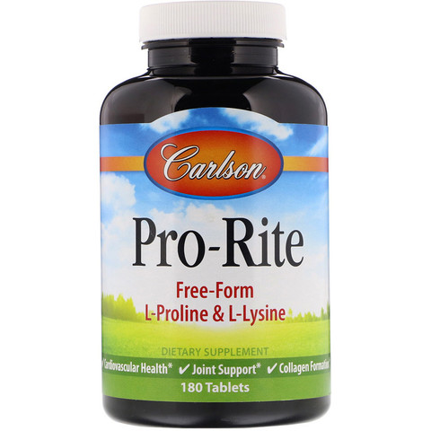 Carlson Labs, Pro-Rite, L-пролин и L-лизин в свободной форме, 180 таблеток