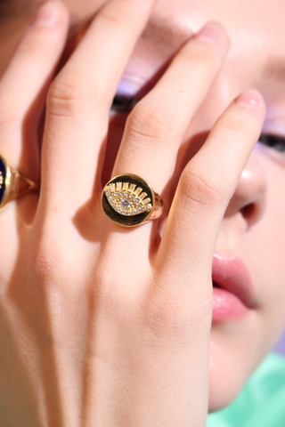 Кольцо-печатка Глаз, серебро 925, позолота 18k 2