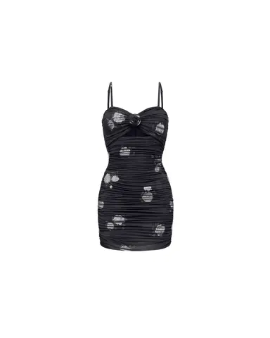 Николь мини (Nicole mini), платье мини из черной сетки средние молочные цветы