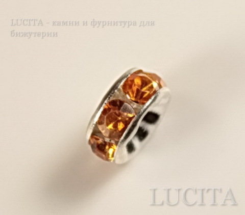 Бусина - рондель 8х4 мм с оранжевыми фианитами (цвет - серебро ), 5 штук ()