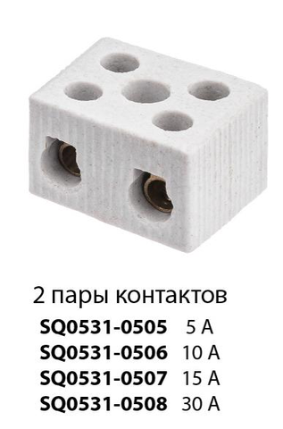 Керамический блок зажимов 15 Ампер 2 пары контактов с крепежным отверстием TDM
