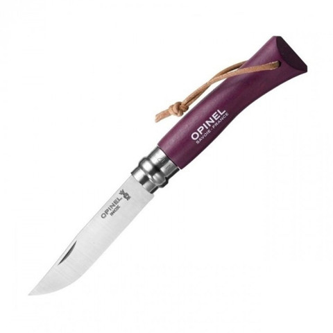 Нож Opinel №7 Trekking, нержавеющая сталь, кожаный темляк, оранжевый, розовый, светло-зеленый, синий, фиолетовый