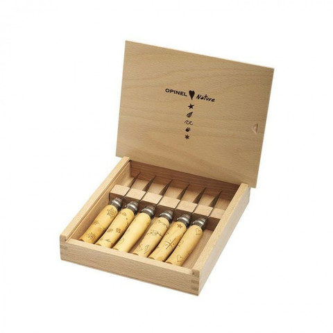 Набор в деревянной коробке из 6 ножей Opinel №7 Nature, нержавеющая сталь, рукоять самшит, гравировка