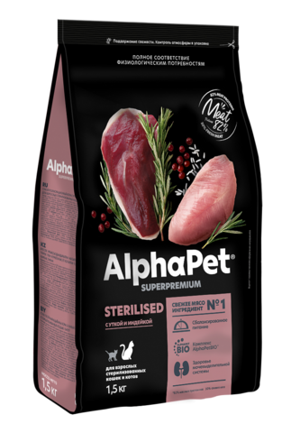 ALPHAPET сухой корм для взрослых стерилизованных кошек и котов (утка,индейка) 1,5 кг