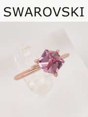Кольцо Миражи тонкое с розовым кристаллом-кубиком Swarovski