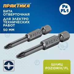 Бита отверточная ПРАКТИКА Профи PZ/FL1 х 50мм, для электротехнических работ (2шт), (906-807)