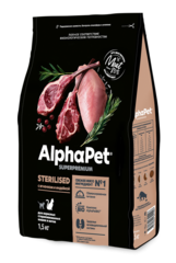 ALPHAPET сухой корм для взрослых стерилизованных кошек и котов (ягненок,индейка) 1,5 кг
