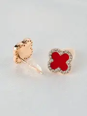 Серьги Четырехлистник красные с инкрустацией по краям