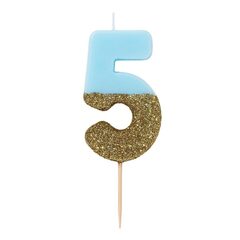Восковая свеча цифра "5" (голубая с глиттером) (7,5 см)
