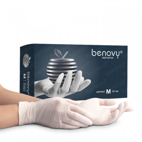 BENOVY перчатки нитриловые белые М , 50 пар