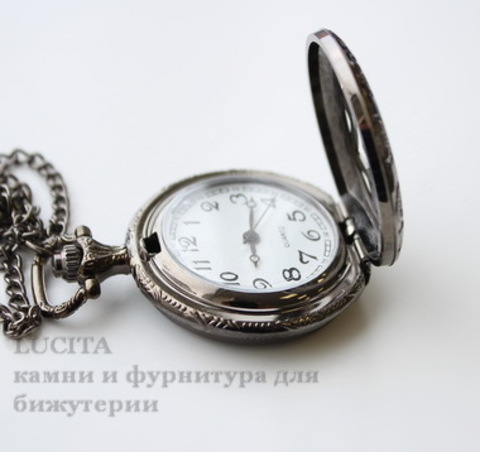 Часы на цепочке "Снежинка" (цвет - черный никель) 56х40х14 мм