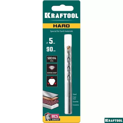 KRAFTOOL Hard, 5 х 90 мм, тв.сплав ВС5, сверло специальное по твёрдым материалам (29177-090-5)