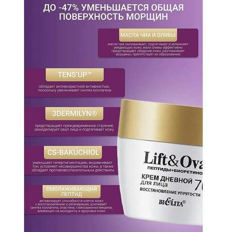 Lift&Oval Пептиды+Биоретинол Крем днев. для лица Восстановление упругости +70 50мл Белита — фото 3