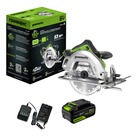 Дисковая пила акк. Greenworks GD24CS, 24V,б/щет,185х20мм, 4500 об/мин, рез 63мм,1х5Ач,ЗУ,кор (1500907CUG)