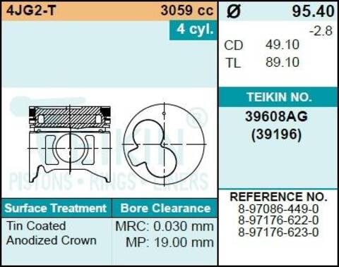 Поршень двигателя TEIKIN 39608AG 0.50 (4шт/упак)