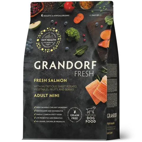 Grandorf FRESH Dog Adult Mini сухой корм для взрослых собак мелких пород, беззерновой c филе лосося и бататом, 3 кг