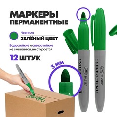 Перманентные зеленые маркеры, набор 12 шт, MC-Basir, корпус 21 мм, комплект спиртовых несмываемых и нестираемых маркеров (водостойких фломастеров) с пулевидным наконечником 3 мм