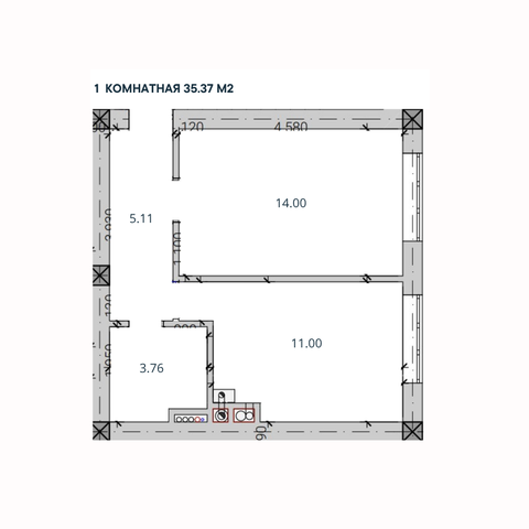 1-комн. квартира, 35,37 м²; 1,2,3 этажи