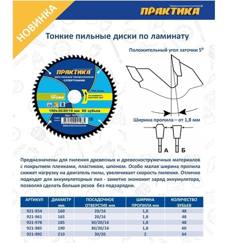 Диск пильный твердосплавный по ламинату ПРАКТИКА 210 х 30\20 мм, ТОНКИЙ, 64 зуба (921-992)
