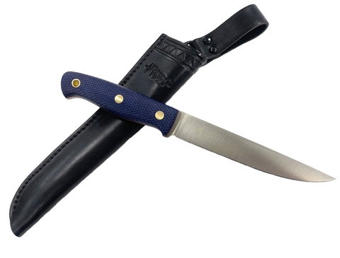 Нож Рыбацкий L, N690, микарта синяя, насечка, 219.0956
