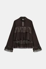 ZARA РУБАШКА С ВОЛАНАМИ И КРУЖЕВОМ, КОРИЧНЕВЫЙ