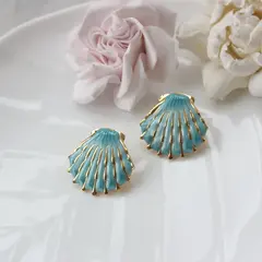 Серьги пусеты Ракушки с эмалью, голубой, 28 мм, сталь, позолота, СГ020