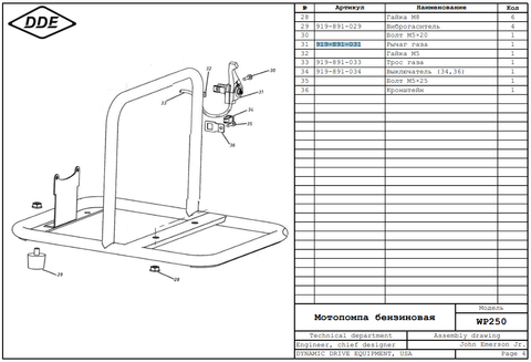 Рычаг газа DDE WP250/PN25-II (919-891-031)