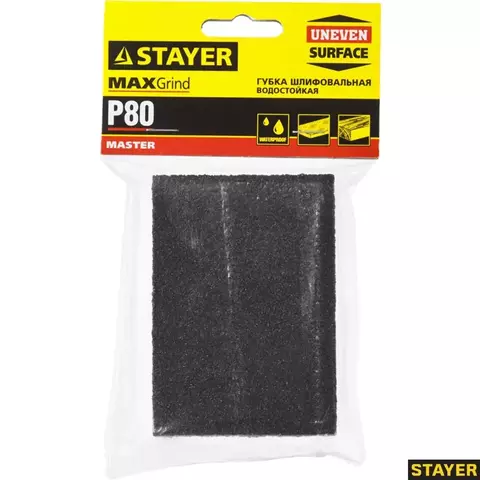 STAYER Р80, 100 х 68 х 26 мм, водостойкая, четырехсторонняя шлифовальная губка (3560-2)