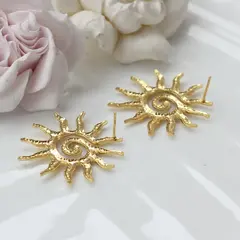 Серьги пусеты Солнце с эмалью, розовый, 37 мм, сталь, позолота, СГ044