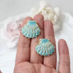 Серьги пусеты Ракушки с эмалью, голубой, 28 мм, сталь, позолота, СГ020