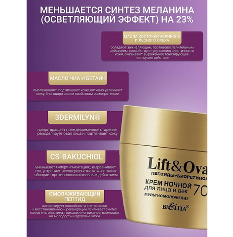 Lift&Oval Пептиды+Биоретинол Крем ночной для лица и век Мультиомоложение +70 50мл Белита — фото 3