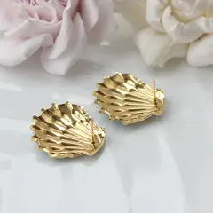 Серьги пусеты Ракушки с эмалью, голубой, 28 мм, сталь, позолота, СГ020