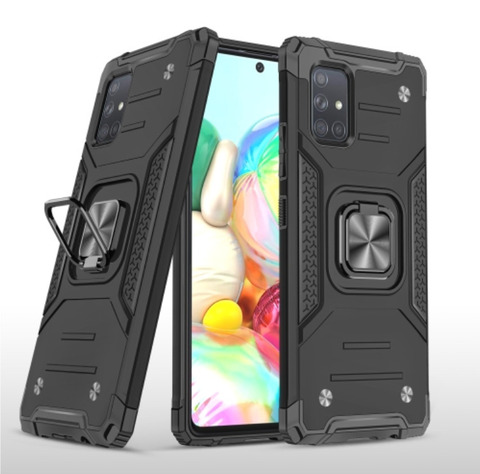 Противоударный чехол для Samsung Galaxy A71 A715 черный с пластиной для магнитного автодержателя и кольцом подставкой / чехол накладка для телефона Самсунг Галакси А71 А715 трансформируется в подставку / чехол с держателем на палец