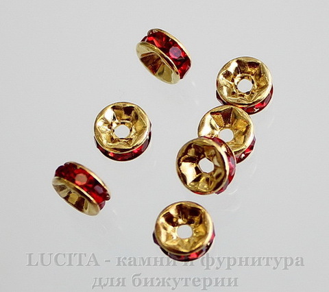 Бусина - рондель 6х3 мм с красными фианитами (цвет - золото), 5 штук