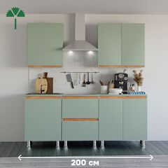 Кухня 200 см Малага со столешницей (5 модулей) / зеленый ЛДСП, массив дуба