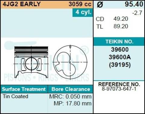 Поршень двигателя TEIKIN 39600 0.50 (4шт/упак)