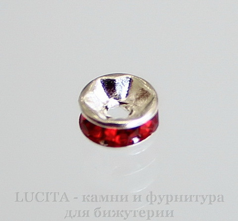 Бусина - рондель с красными фианитами (цвет - серебро) 6х3 мм, 5 штук ()