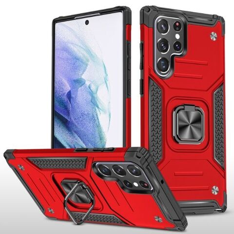 Противоударный чехол для Samsung Galaxy S23 Ultra красный с пластиной для магнитного автодержателя и кольцом подставкой