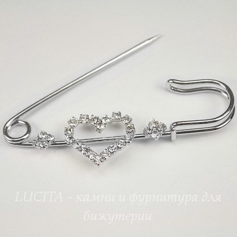 Основа для броши - булавка "Сердце" со стразами, 65х25 мм (цвет - платина)