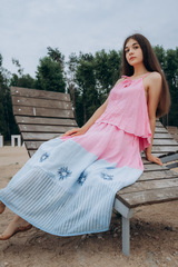 Розовый рассвет. Юбка льняная макси с вышивкой 
