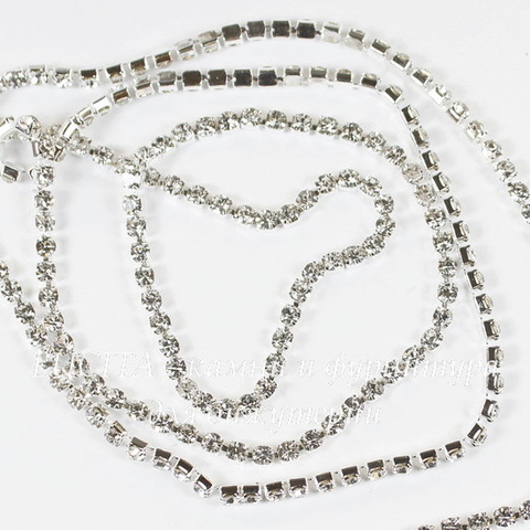 Стразовая лента 2 мм, прозрачная (цвет - серебро), 10 см