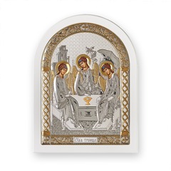 Икона Святой Троицы (105х140 мм, Оклад из белого дерева (бук/граб)) — арочная греческая, шелкография на сусальном золоте
